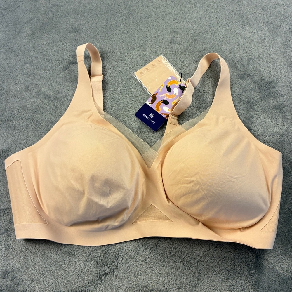 Honeylove Crossover Padded Bra Sand Beige Wireless Mesh Trim Plus Size 2X NWT